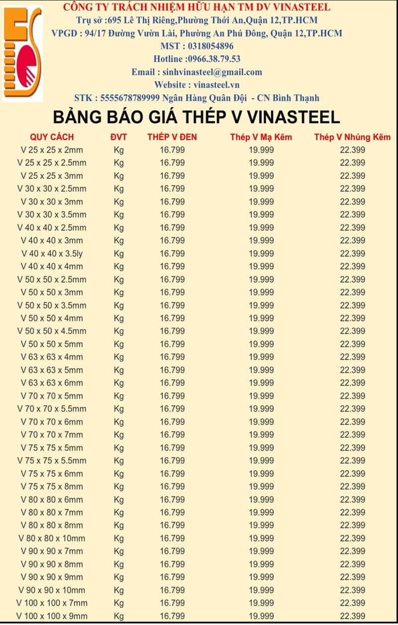 Bảng giá thép hình v